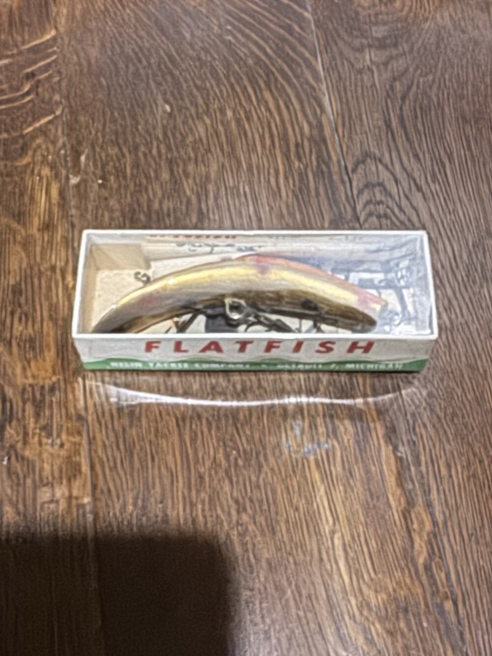 Vintage Helin Flatfish Fishing Lures Lot 2 M2 Box Paperwork Orange Gold